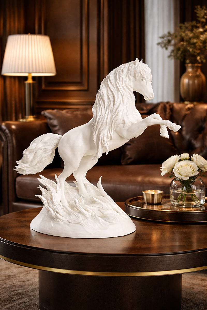 White horse sculpture on round coffee table in elegant living room with warm tones and soft lighting