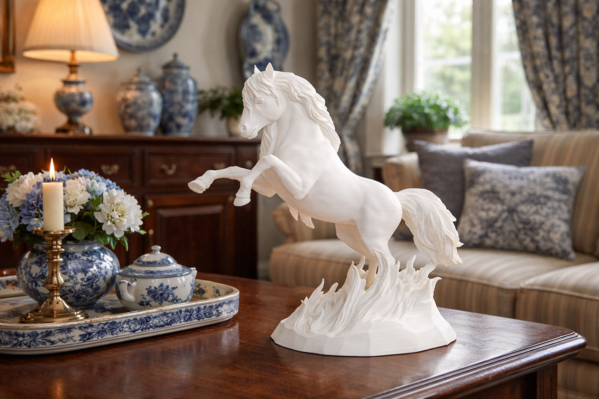 White horse sculpture in classic interior with porcelain decor and traditional furniture