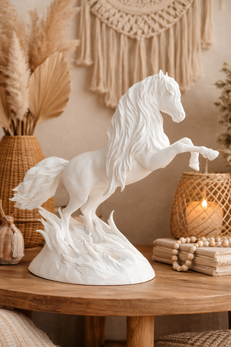 White horse sculpture in boho-style interior with natural textures, soft tones, and decorative elements