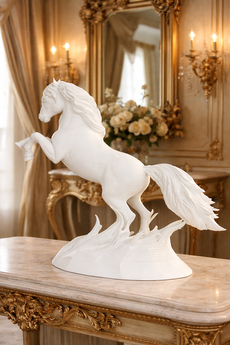 White horse sculpture in luxurious classical interior with gold accents and ornate furniture
