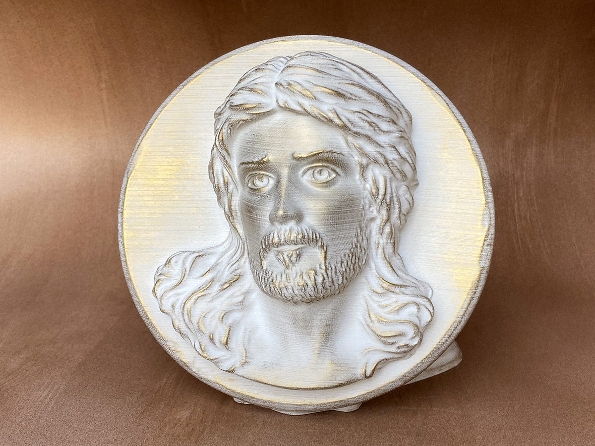 Freestanding Jesus Christ bas-relief sculpture with stand, white finish with gold patina