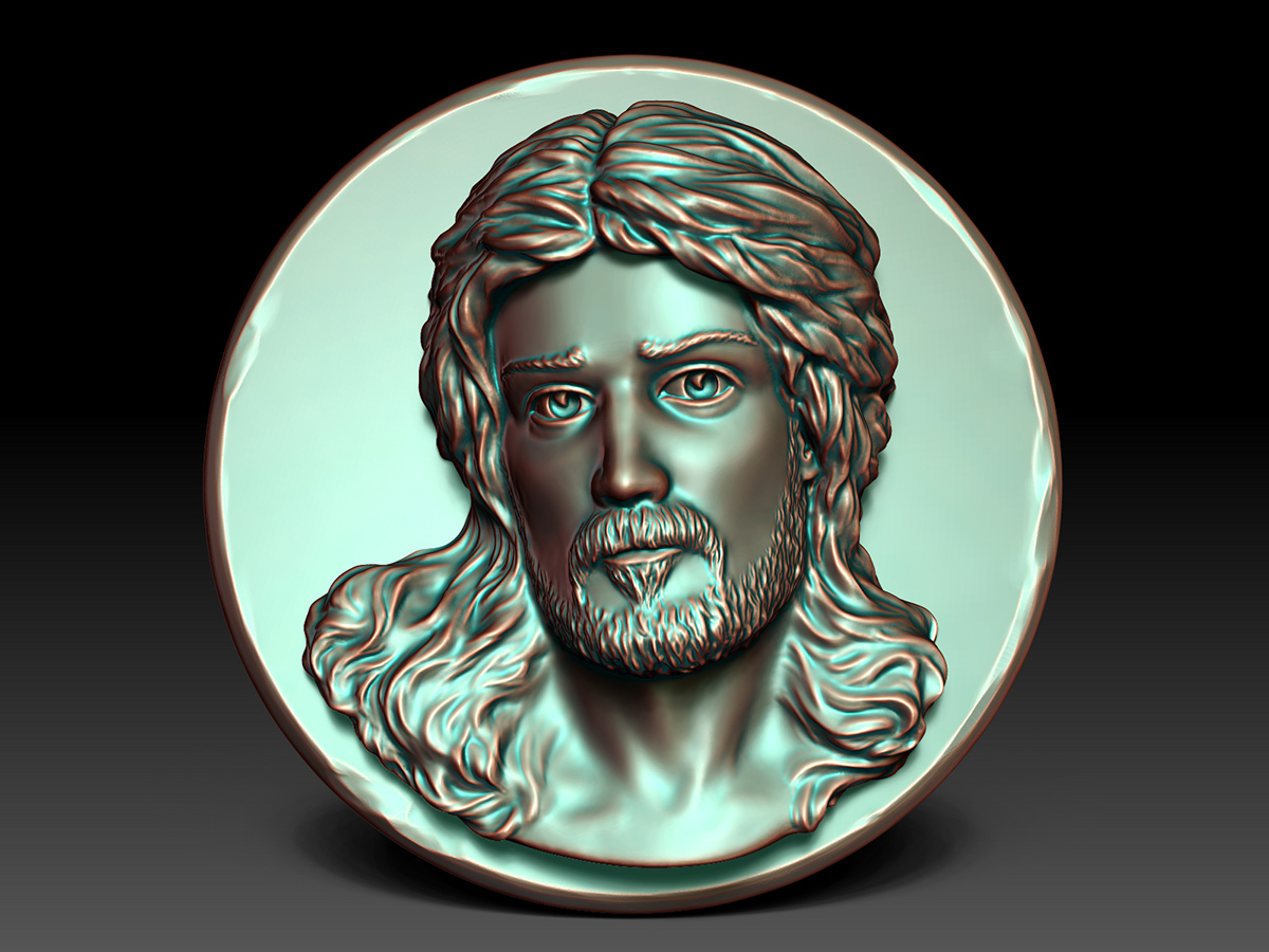 Bas-relief portrait of Jesus Christ in bronze shader, front view showing facial details