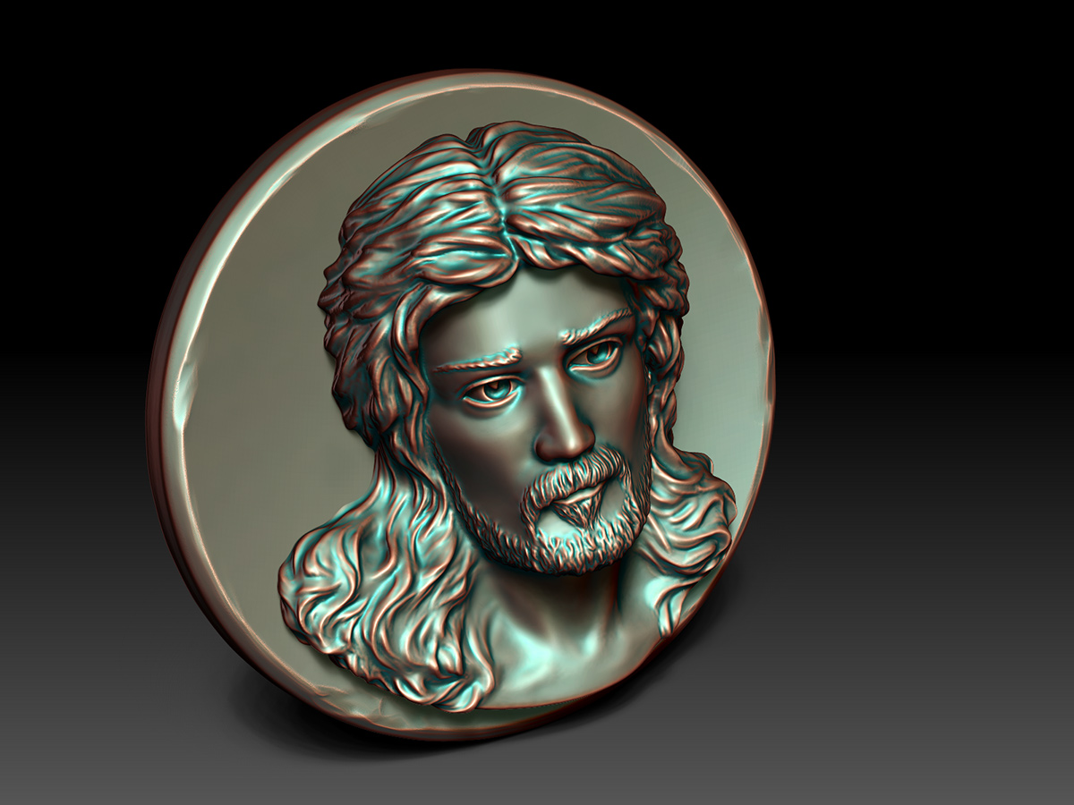 Angled view of Jesus Christ bas-relief sculpture in bronze shader showing form and contours
