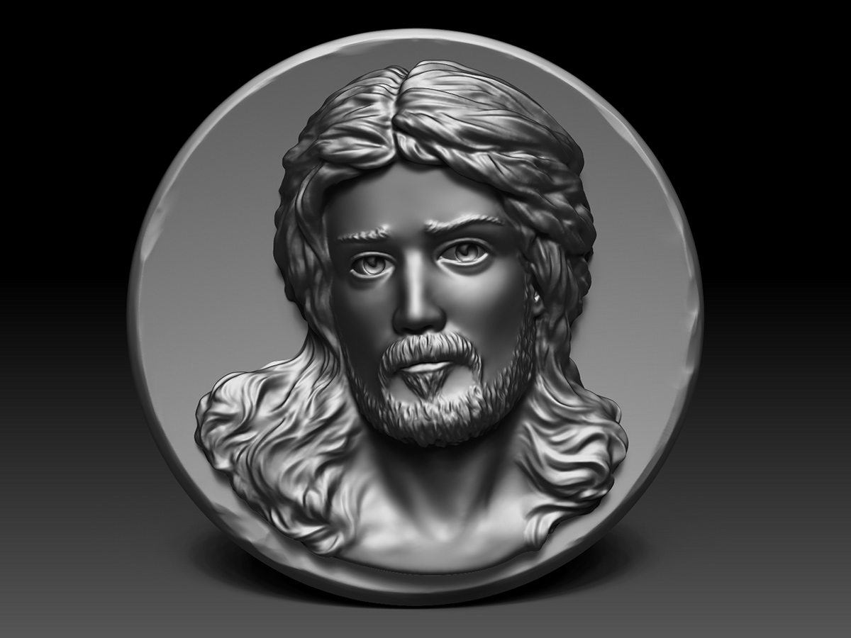 Bas-relief portrait of Jesus Christ in neutral gray shader emphasizing pure sculptural form