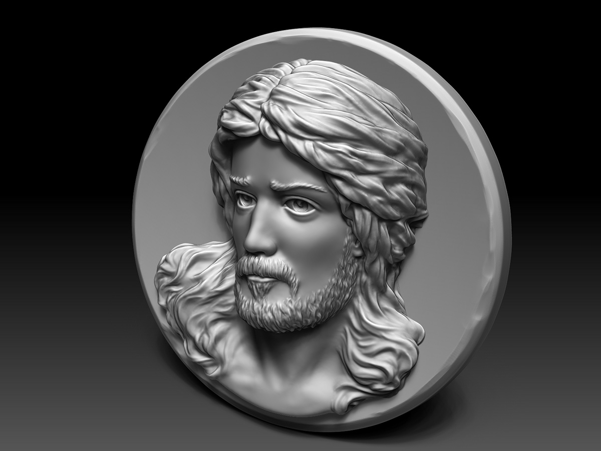 Side view of Jesus Christ bas-relief in gray material showing depth and surface transitions