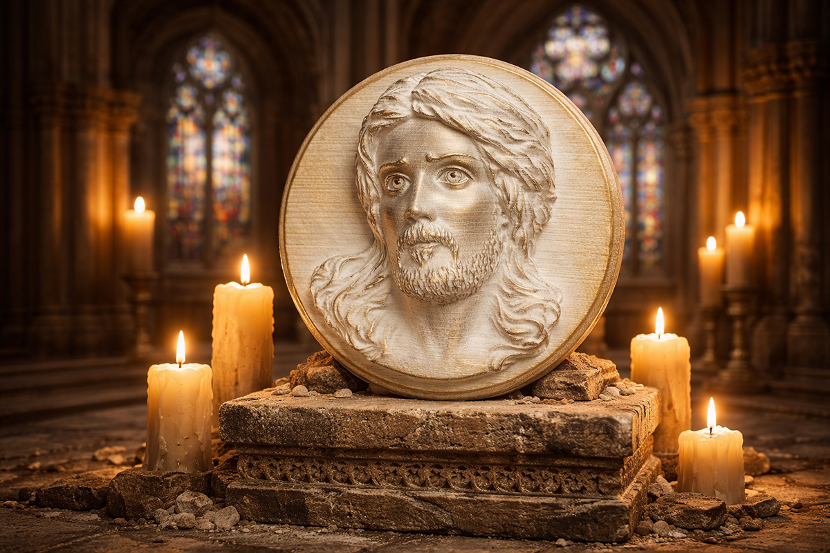 Jesus Christ bas relief sculpture in antique style setting with candles and stone pedestal