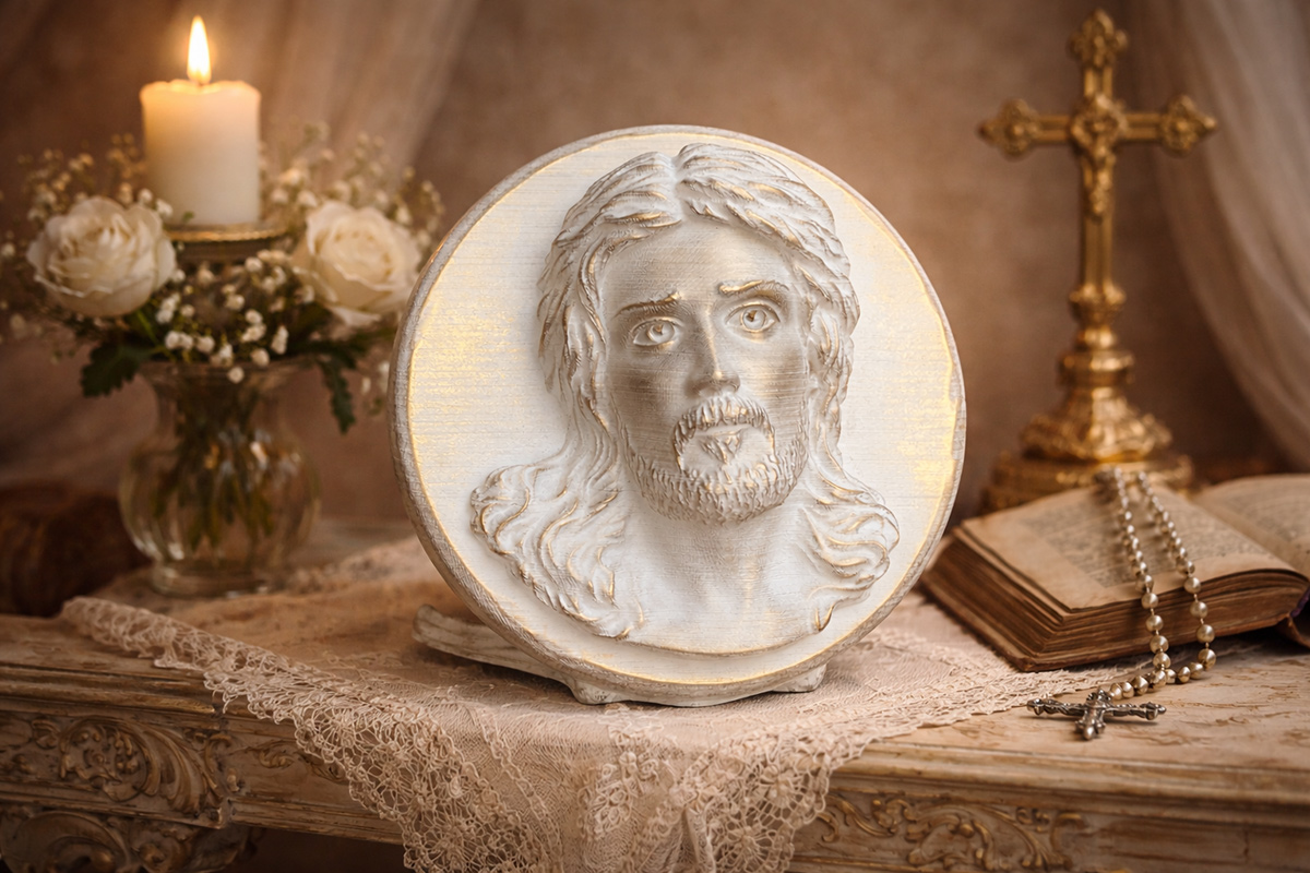 Jesus Christ bas relief sculpture placed in religious interior with candle, cross and Bible