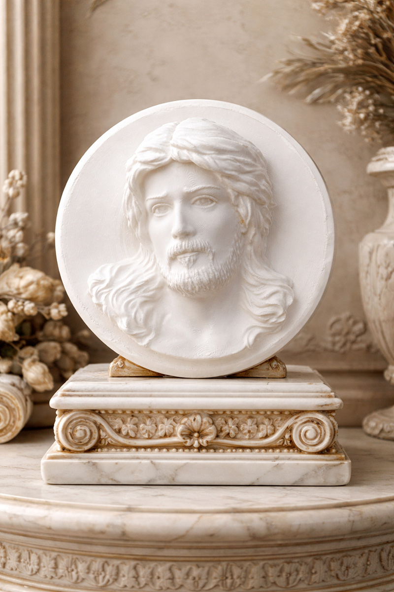 Jesus Christ bas relief wall sculpture displayed in classical marble interior decor
