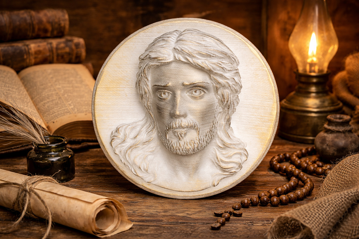 Jesus Christ bas relief sculpture placed in vintage interior with old books and manuscripts