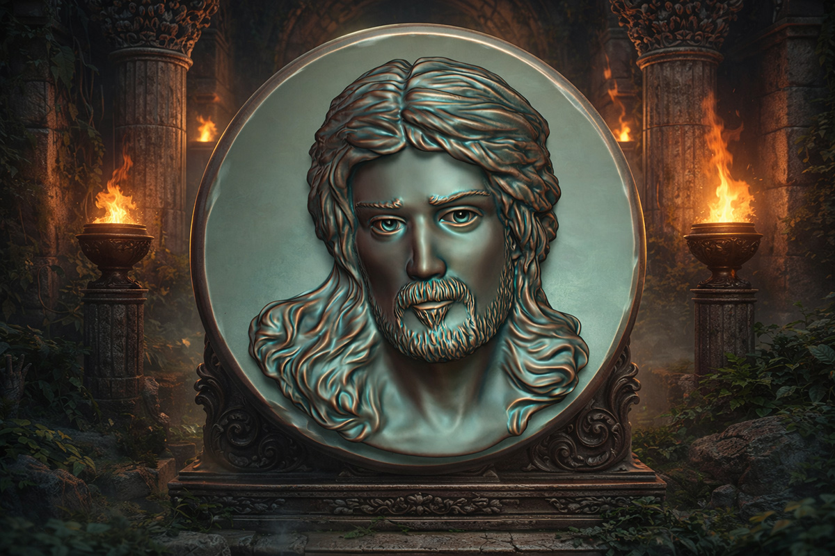 Jesus Christ bas relief sculpture in bronze material displayed in dramatic classical environment