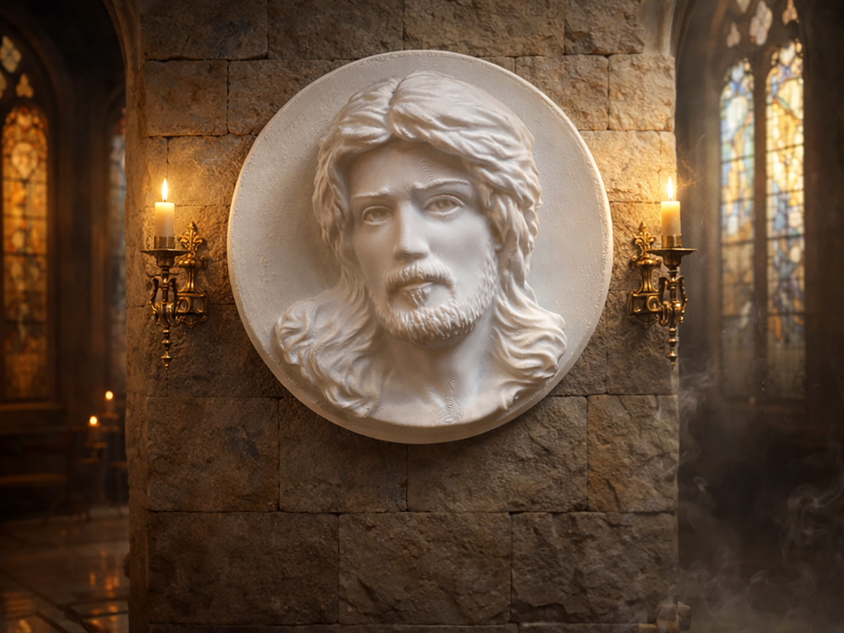 Jesus Christ wall bas relief sculpture displayed in church interior with candles and stone walls