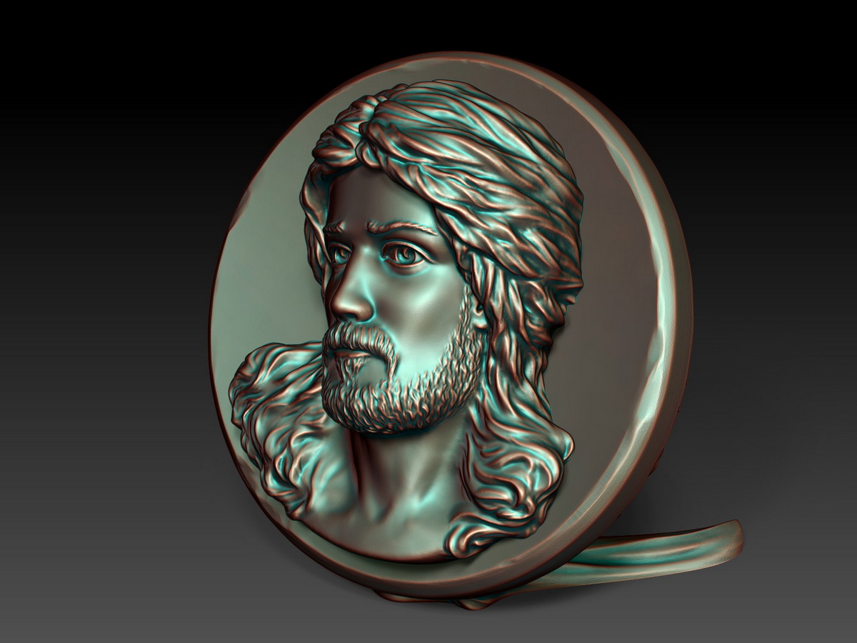 Three-quarter view of Jesus Christ bas relief sculpture showing the detailed portrait, circular form and sculptural palm leaf stand.
