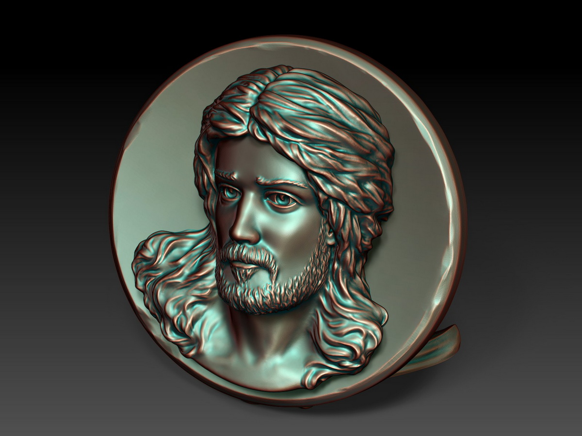 Three-quarter view of Jesus Christ bas relief sculpture showing the detailed portrait, circular form and sculptural palm leaf stand.
