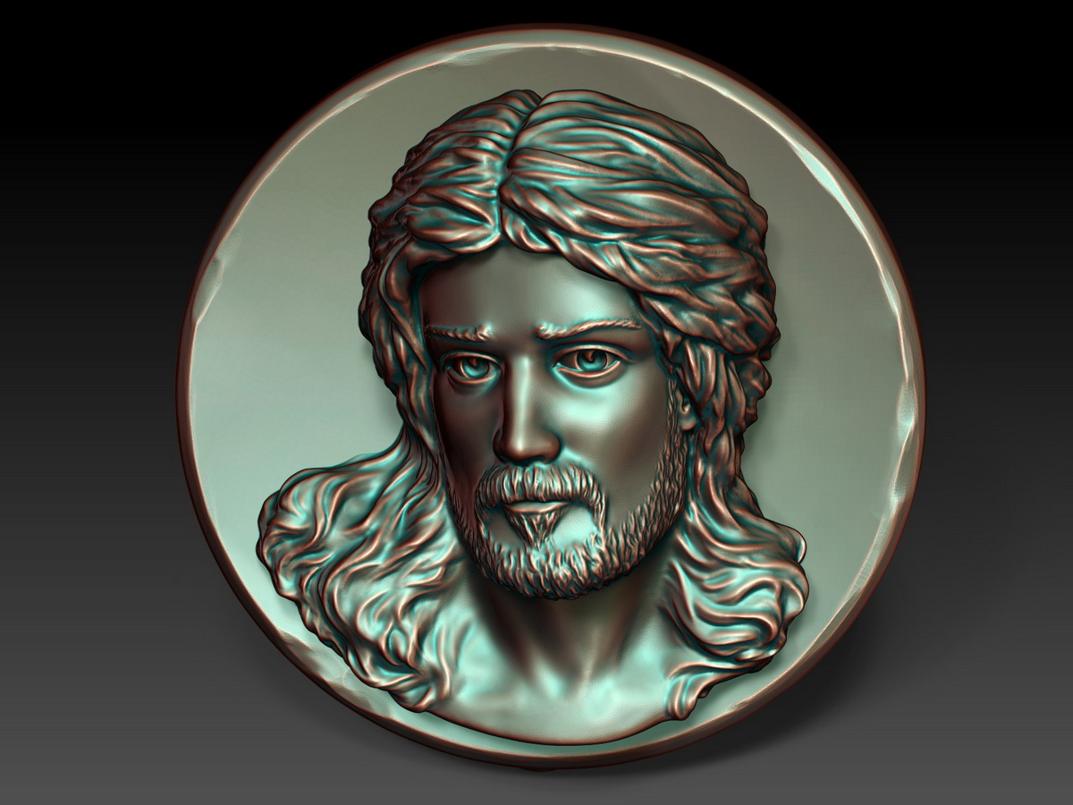 Frontal view of Jesus Christ bas relief sculpture with detailed sculpted hair, beard and flowing locks.