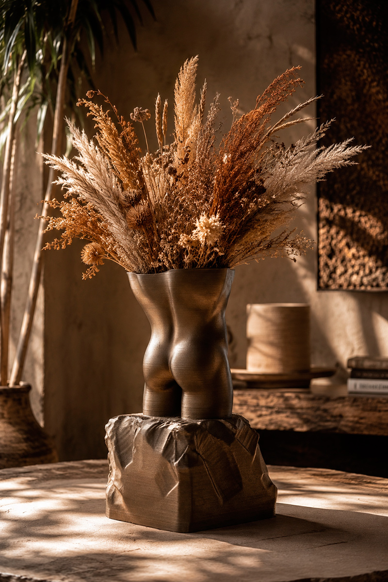 Rear view of a bronze male torso sculptural vase filled with dried flowers, displayed on a stone pedestal in a warm modern interior with natural light.