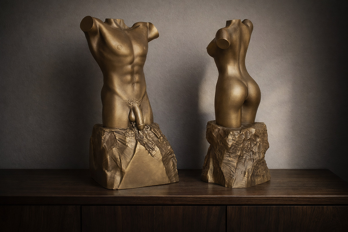 Male and female torso sculptures in bronze finish displayed on a wooden cabinet in a dark interior setting, highlighting form, texture, and contrast