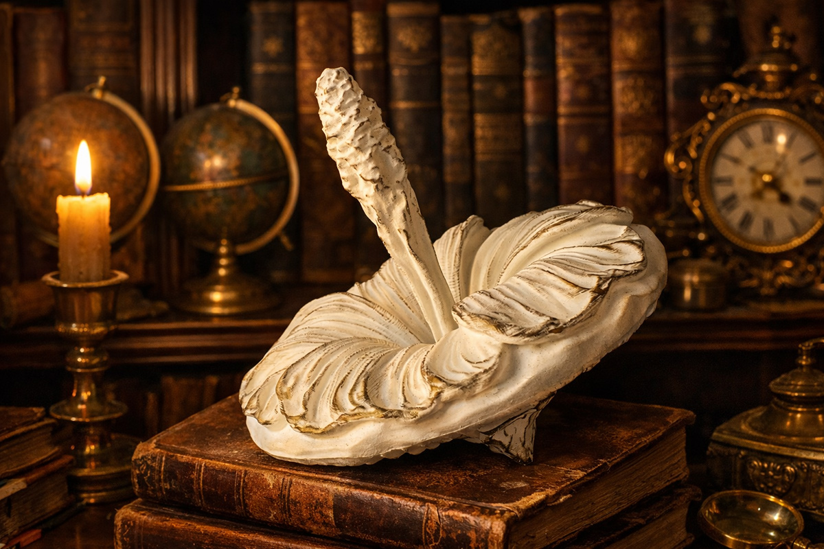 White and gold mallow sculpture styled in a vintage interior with books and candlelight — classic decorative art object