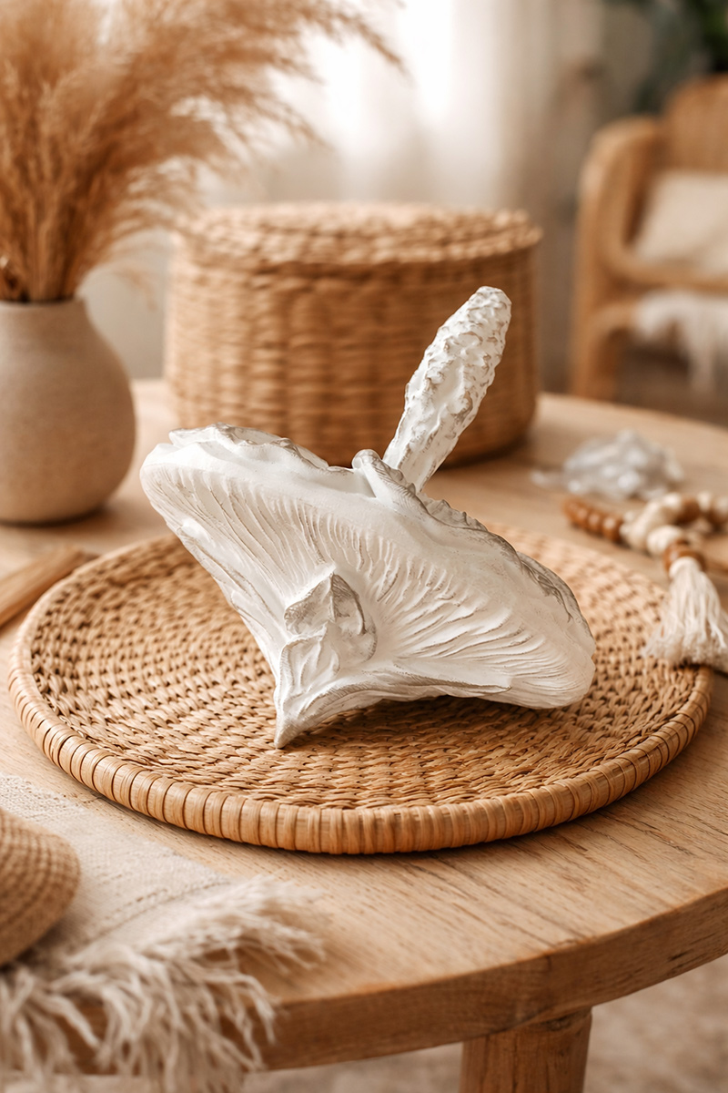 White mallow sculpture on a woven tray — soft neutral interior with natural textures and warm tones