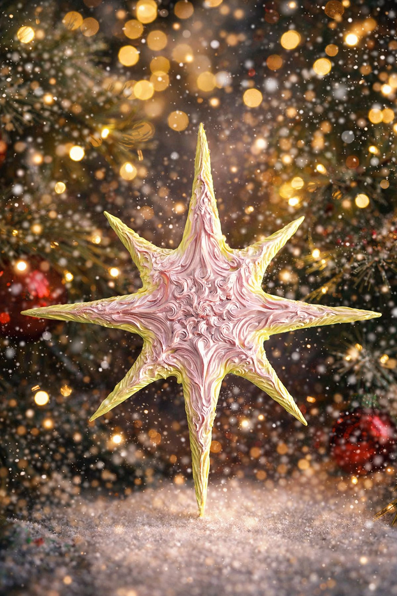 sculptural star object placed in festive environment with lights showing decorative use in interior