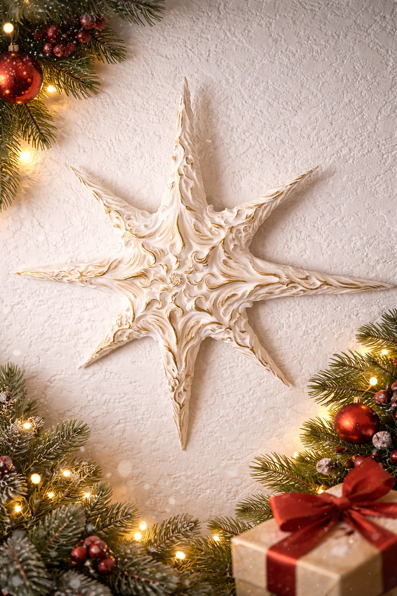 sculptural star used as wall decoration in holiday interior setting with soft lighting
