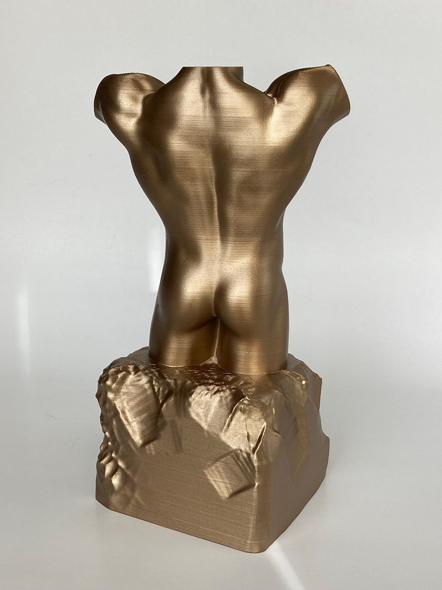 Male Torso Sculpture Painted Bright Bronze. 3D Printed Sculpture.