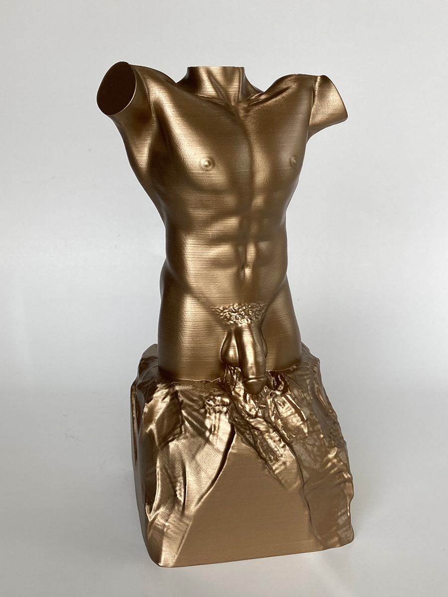 Male Torso Sculpture Painted Bright Bronze. 3D Printed Sculpture.