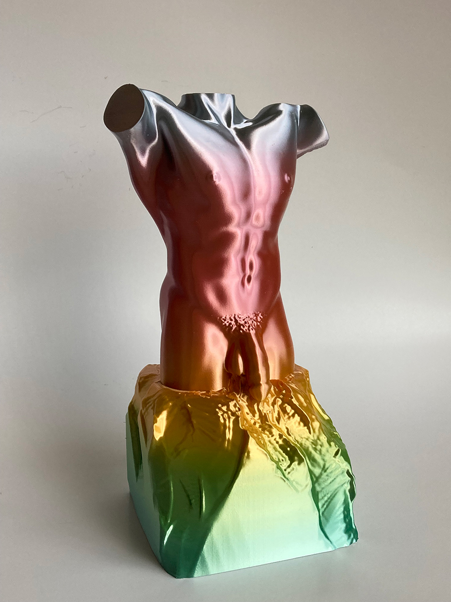 Male Torso Figurine 3D Printed Sculpture in Rainbow Filament