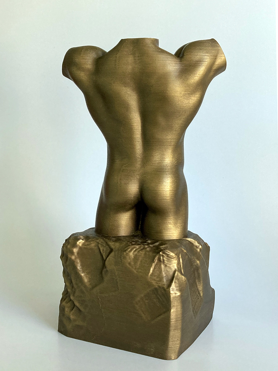 3D Printed Male Torso Sculpture. Vintage Bronze Metal Sculpture Imitation.