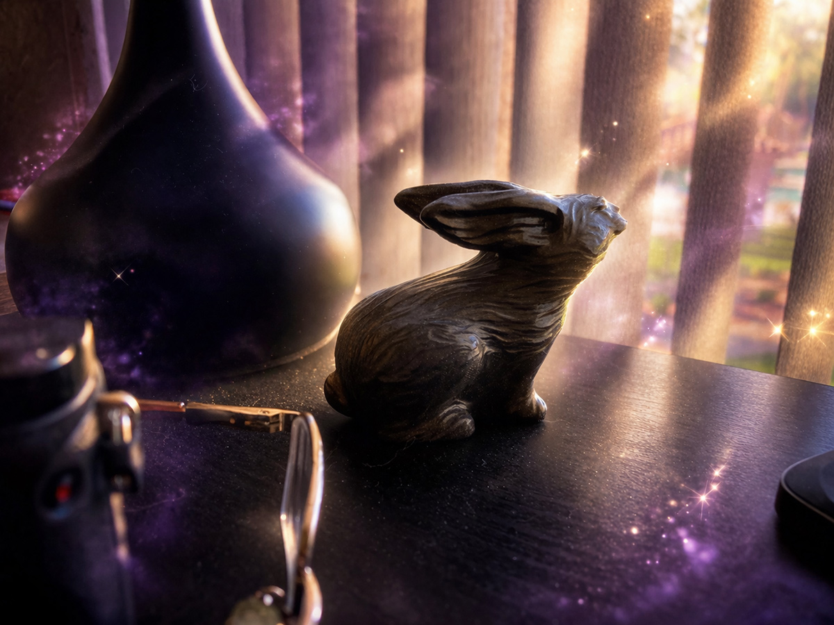 Rabbit sculpture in atmospheric interior setting, surrounded by light and subtle reflections, evoking a quiet, contemplative moment and a sense of something beyond