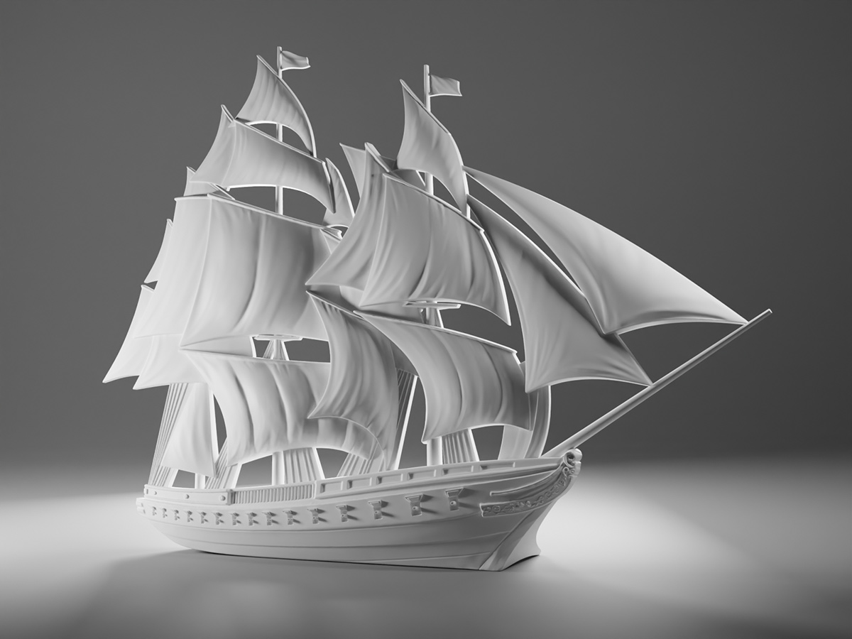 Freestanding sailing ship bas-relief sculpture in neutral material, showing refined form and balanced composition as a standalone object