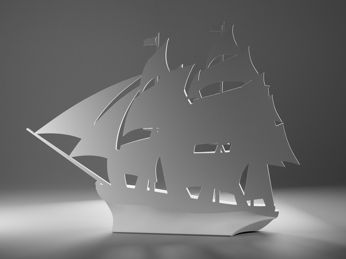 Rear silhouette of a sailing ship bas-relief sculpture revealing cutout structure and lightweight construction of the freestanding design