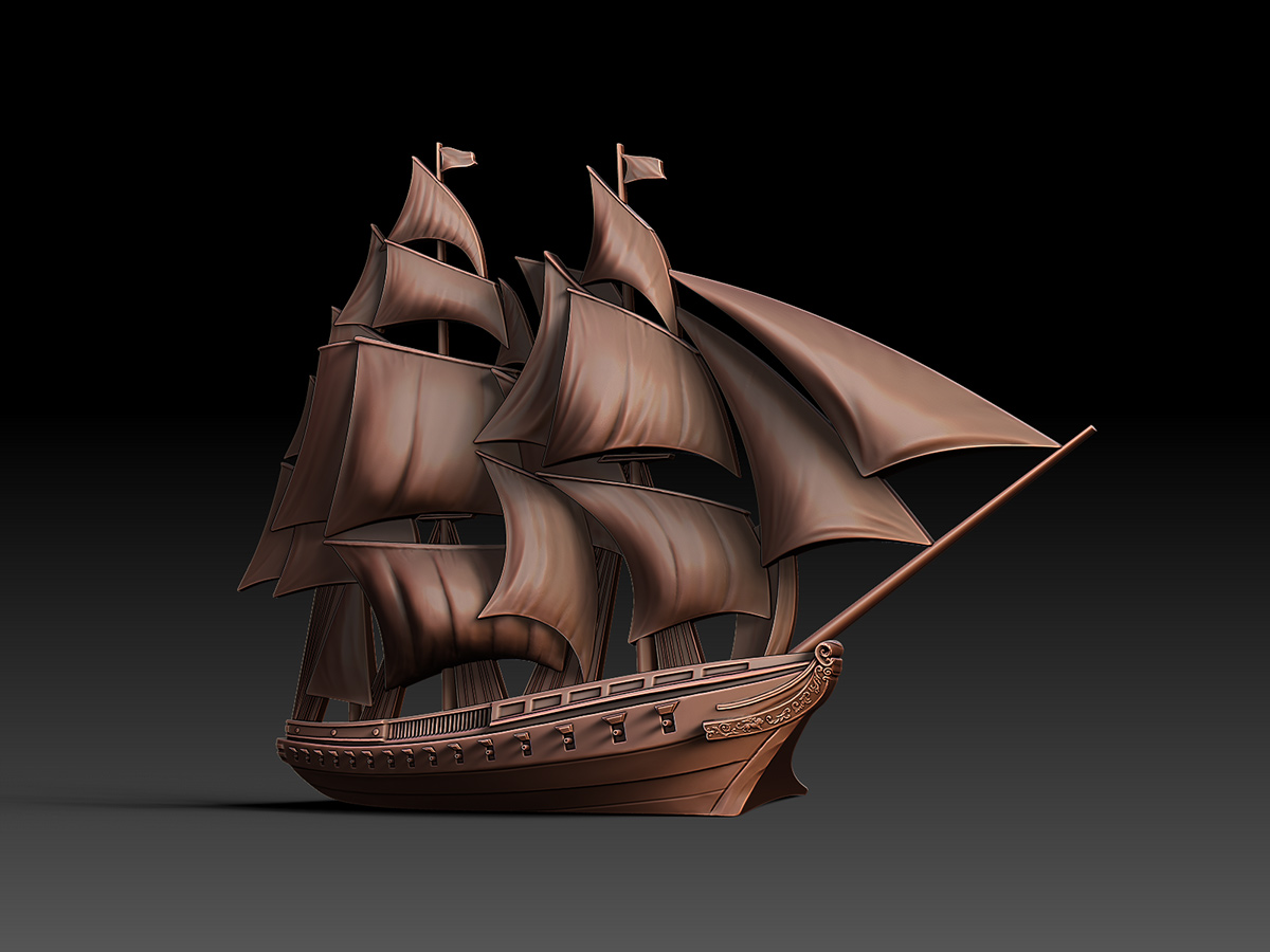 Freestanding sailing ship bas-relief sculpture with custom stand, designed to support a near-vertical composition while maintaining stability and visual lightness