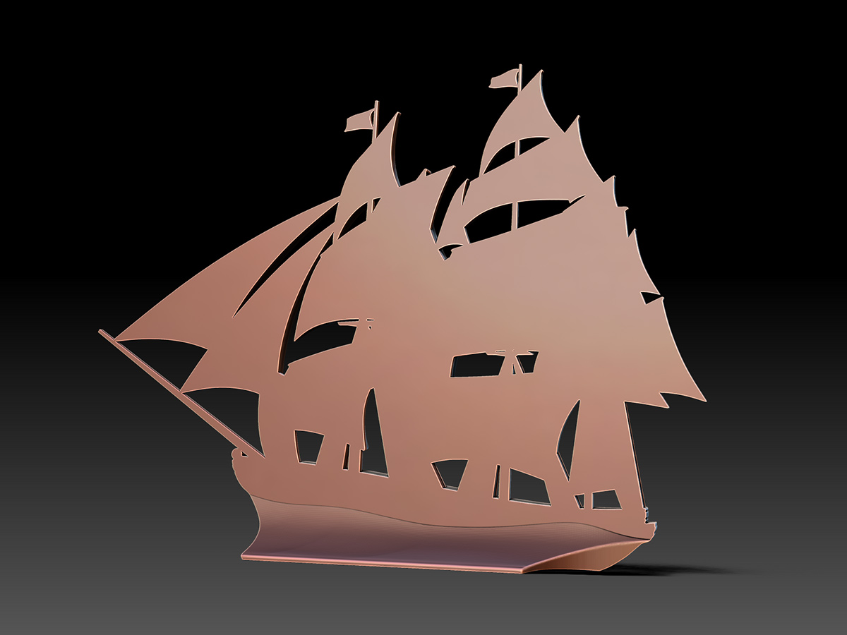Freestanding sailing ship bas-relief sculpture with a custom-designed base, resolving balance and vertical positioning in a sculptural object