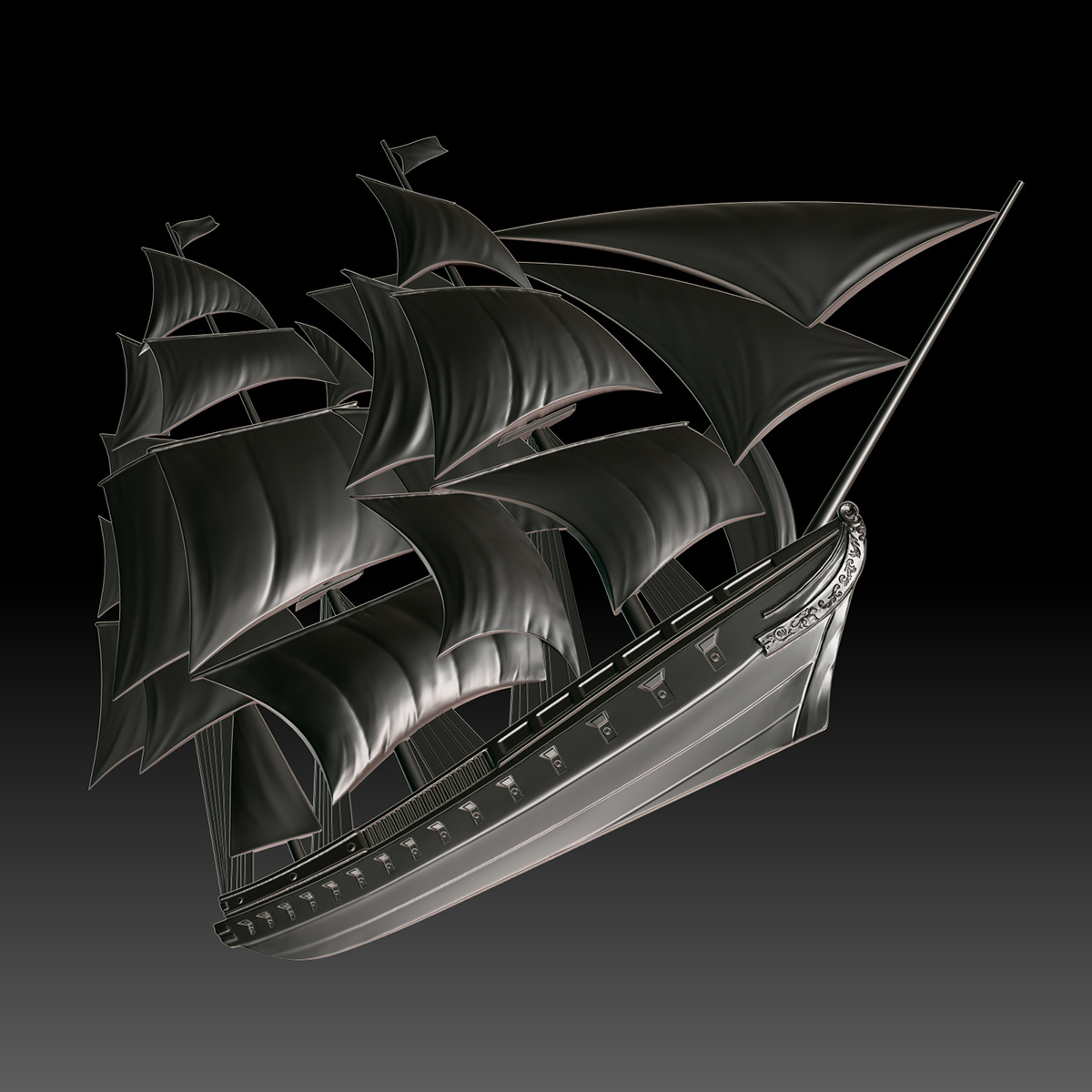 Digital bas-relief sculpture of a sailing ship with dynamic sails and detailed hull, emphasizing depth and layered composition