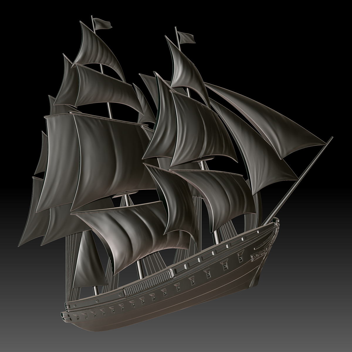 Close view of sailing ship bas-relief sculpture with refined sail surfaces and carved ornamental details