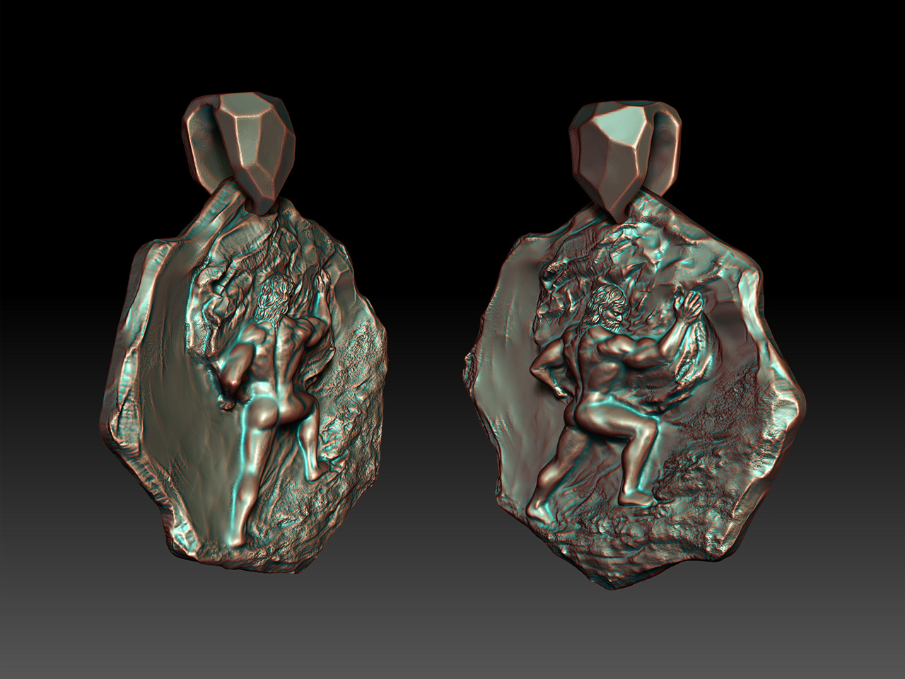 Sculptural Pendant with Relief of the mythical Sisyphus. Custom Jewelry Design.