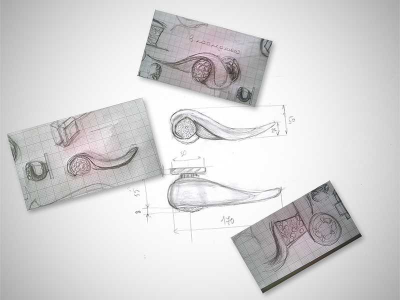 hand drawn sketches of door handle concept based on snail form showing proportions and organic curves