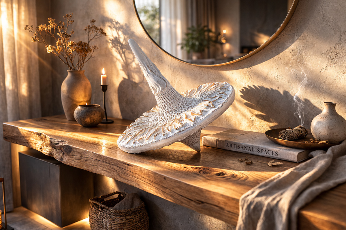Sunflower sculpture in styled interior scene — warm light emphasizing texture, form and decorative presence