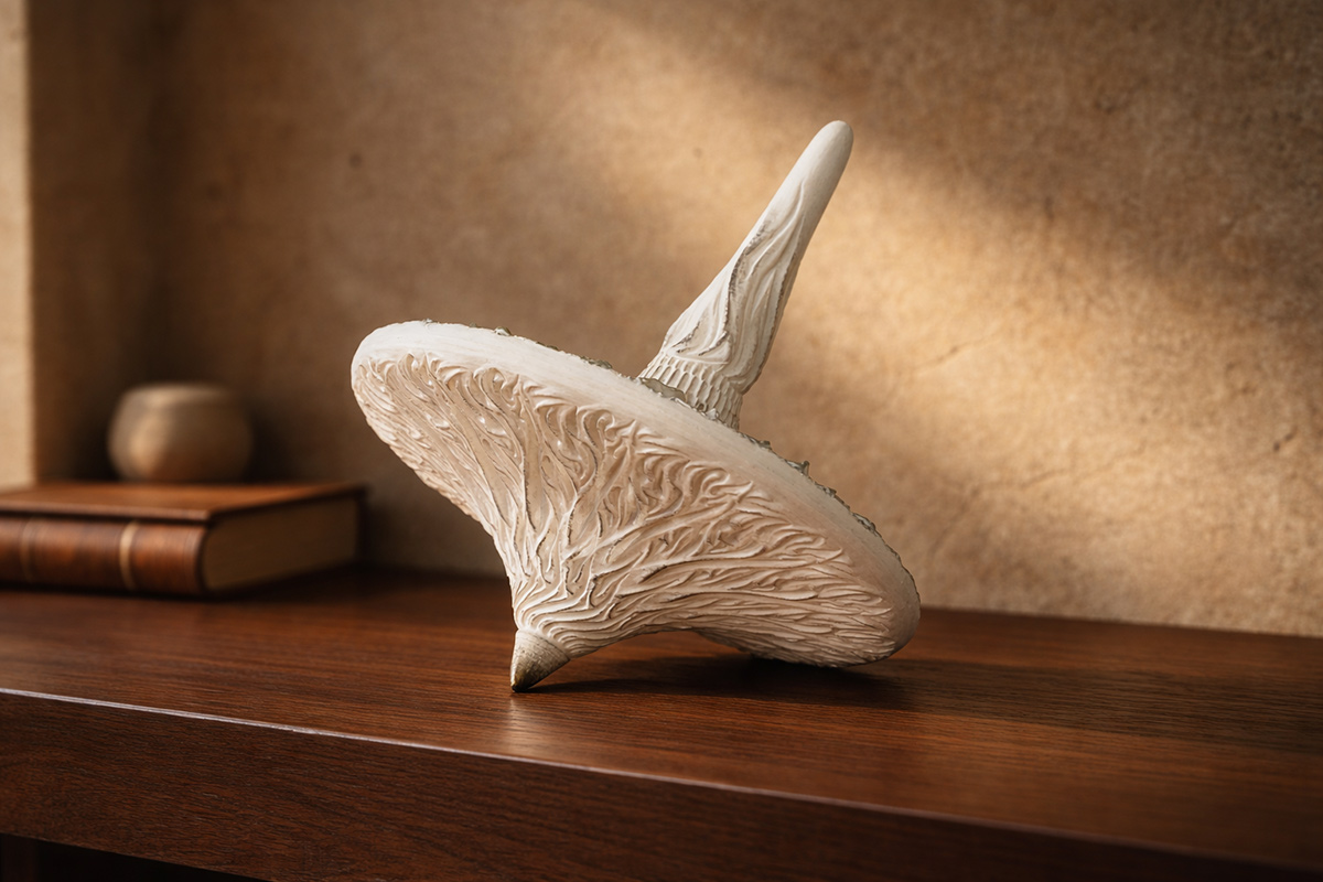 Sunflower sculptural object in warm interior setting — subtle presence on wooden shelf with soft natural lighting