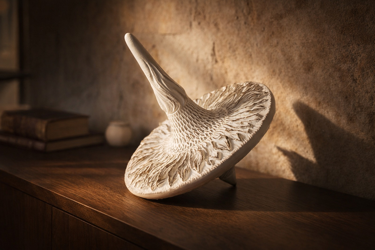 Sunflower sculptural object in interior with directional light — shadow and relief enhancing sculptural depth