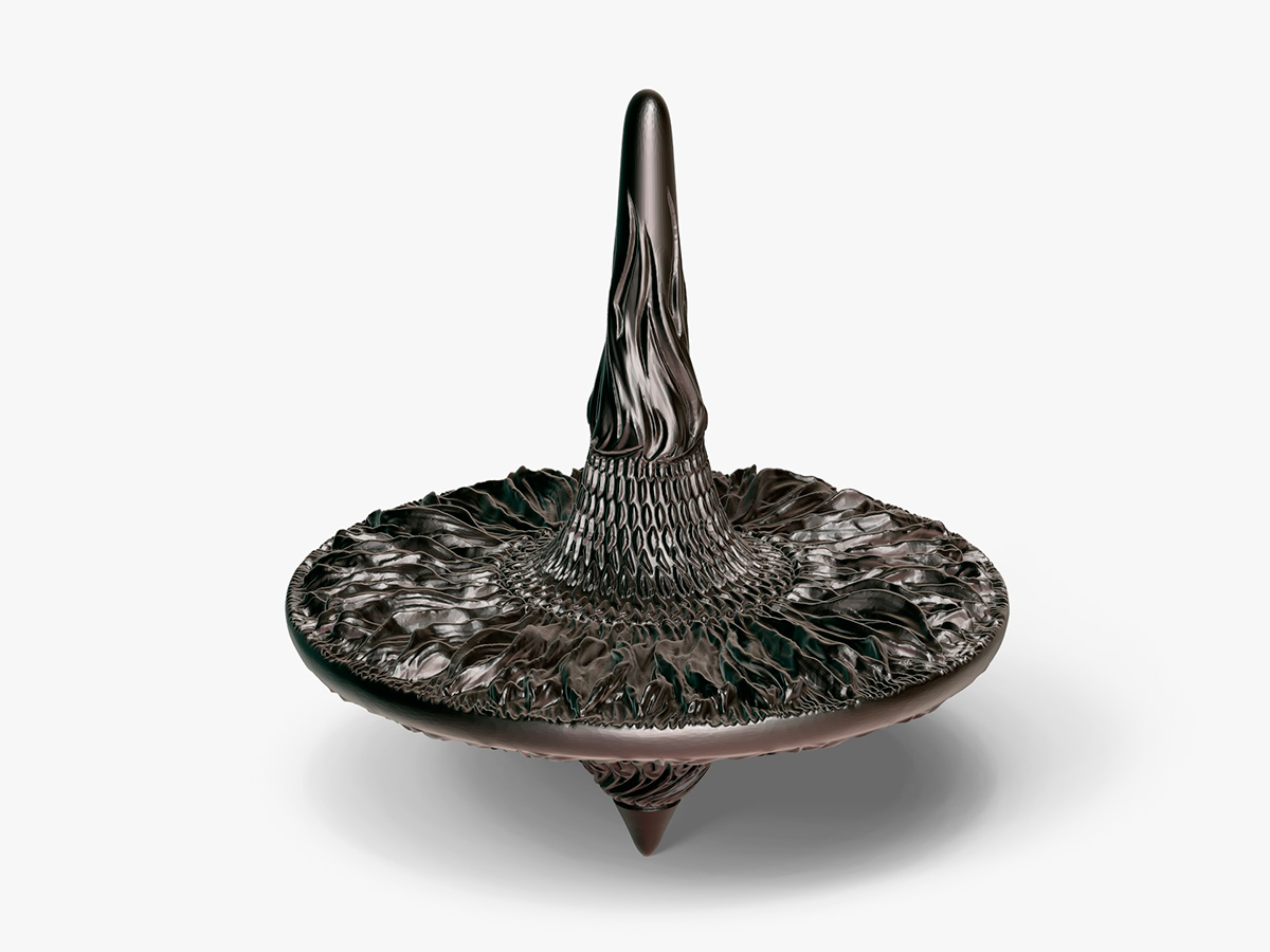 Sunflower sculptural spinning top — front view highlighting symmetry, central structure and refined ornamental detail