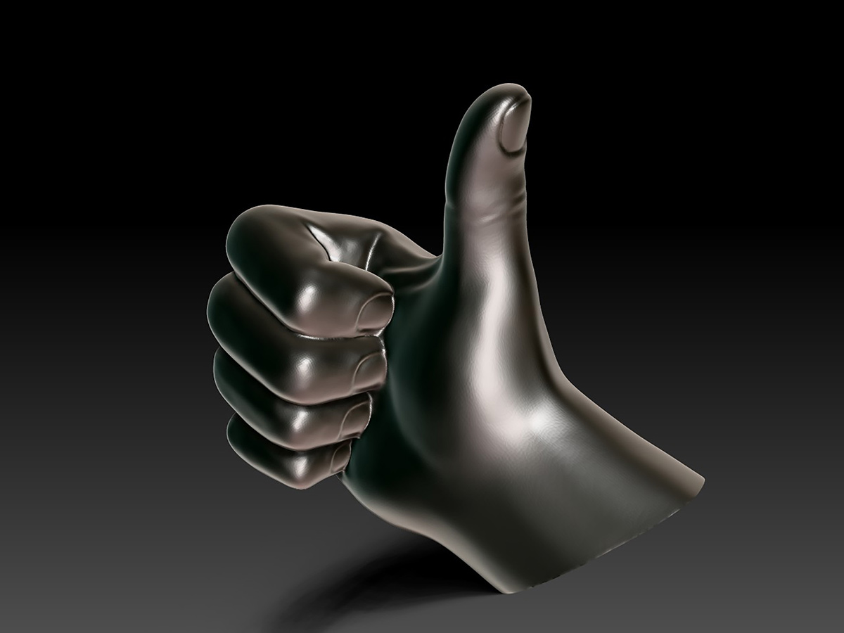 Digital hand sculpture in thumbs up gesture, detailed finger anatomy and smooth stylized form, metallic shader render