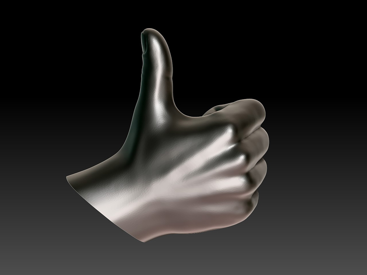 Side view of stylized thumbs up hand sculpture, smooth surfaces and subtle anatomical transitions, ZBrush render