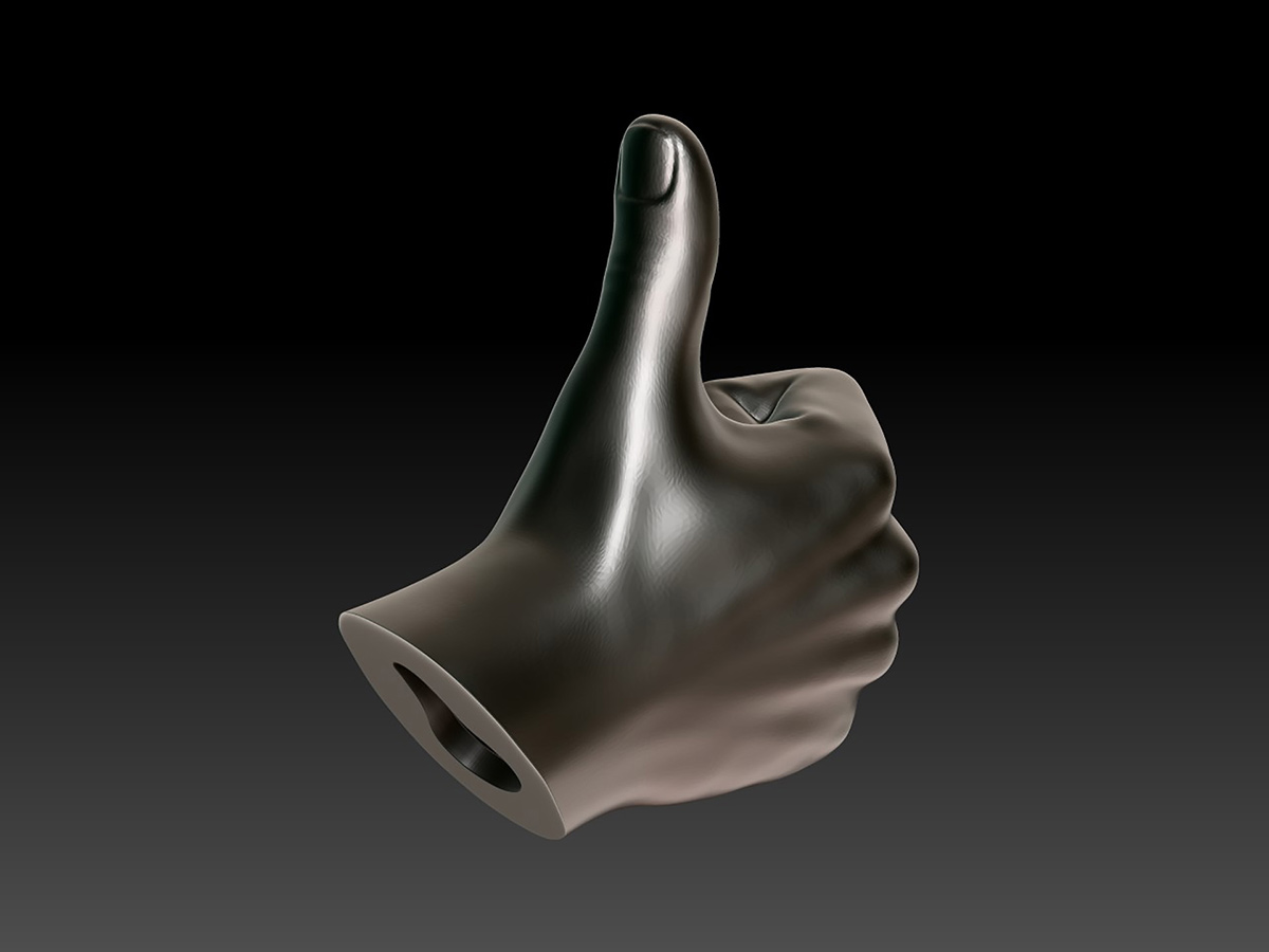 Stylized thumbs up hand sculpture, front view showing cutout for embedded magnet, ZBrush metallic render