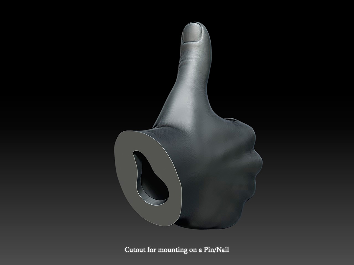 Stylized hand sculpture with thumbs up gesture, rear cutout designed for mounting on a nail or pin, wall hanger concept