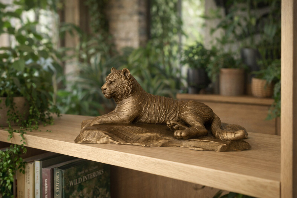 tiger sculpture bronze finish on shelf in natural interior with plants