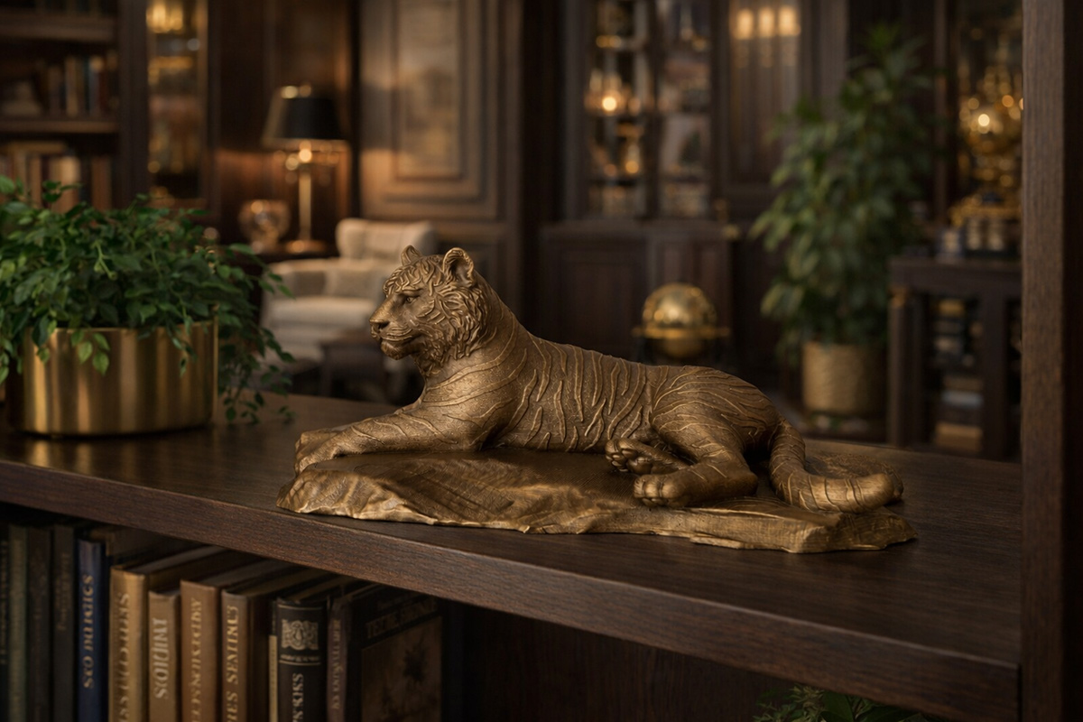 tiger sculpture bronze finish calm powerful presence interior setting