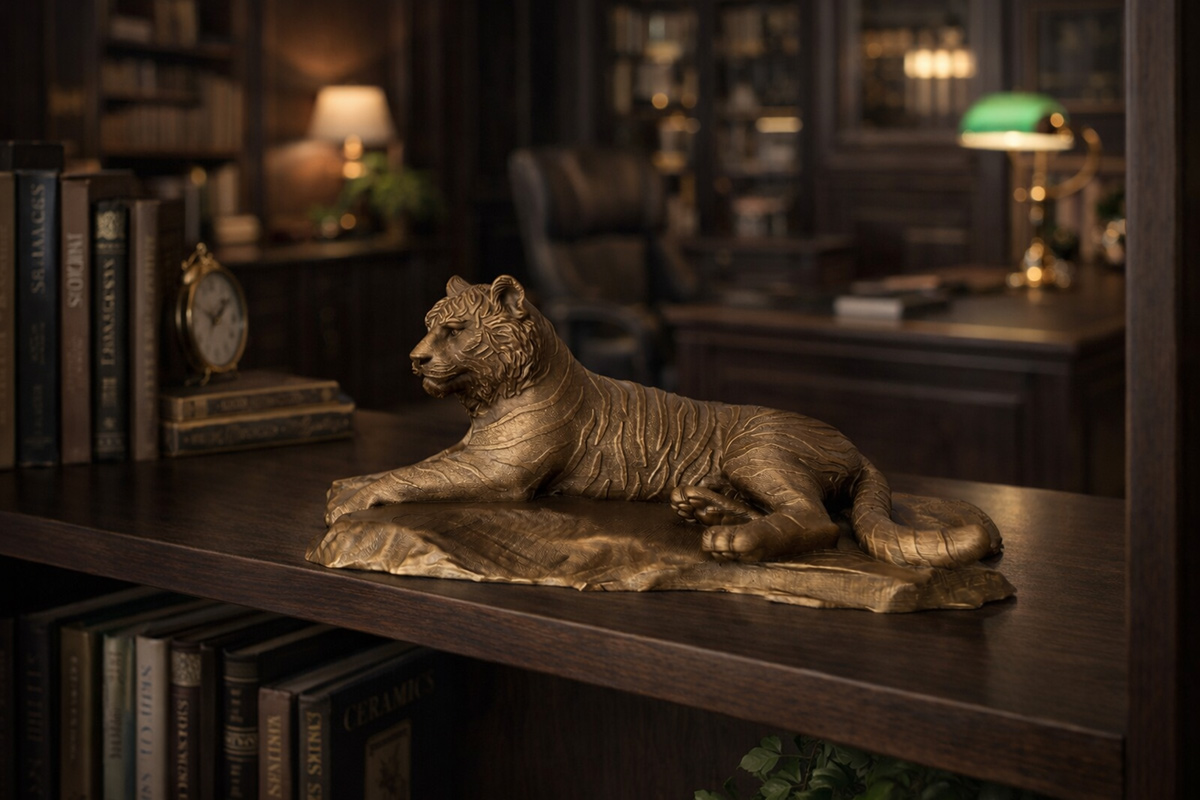 Bronze-style tiger sculpture displayed on a dark wooden bookshelf in a classic library-inspired interior with warm atmospheric lighting and vintage decor