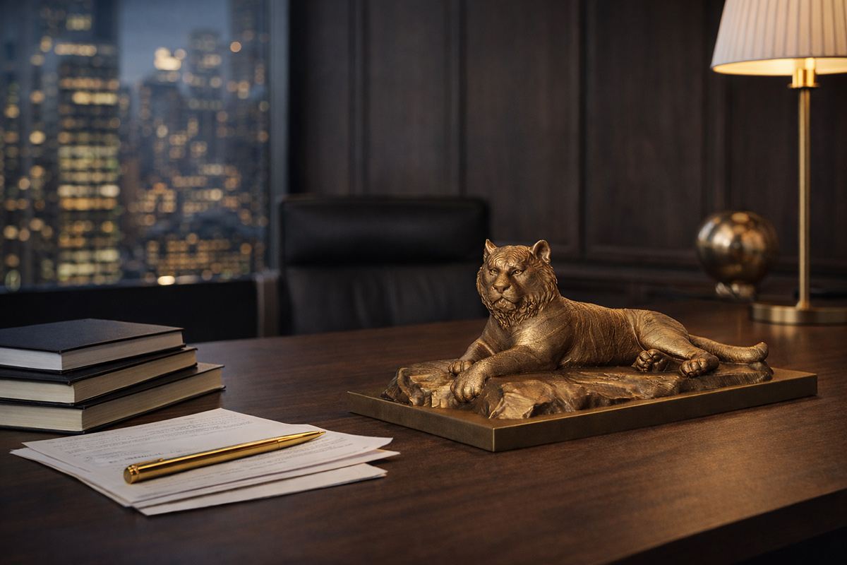 tiger sculpture bronze finish in modern office interior desk setting