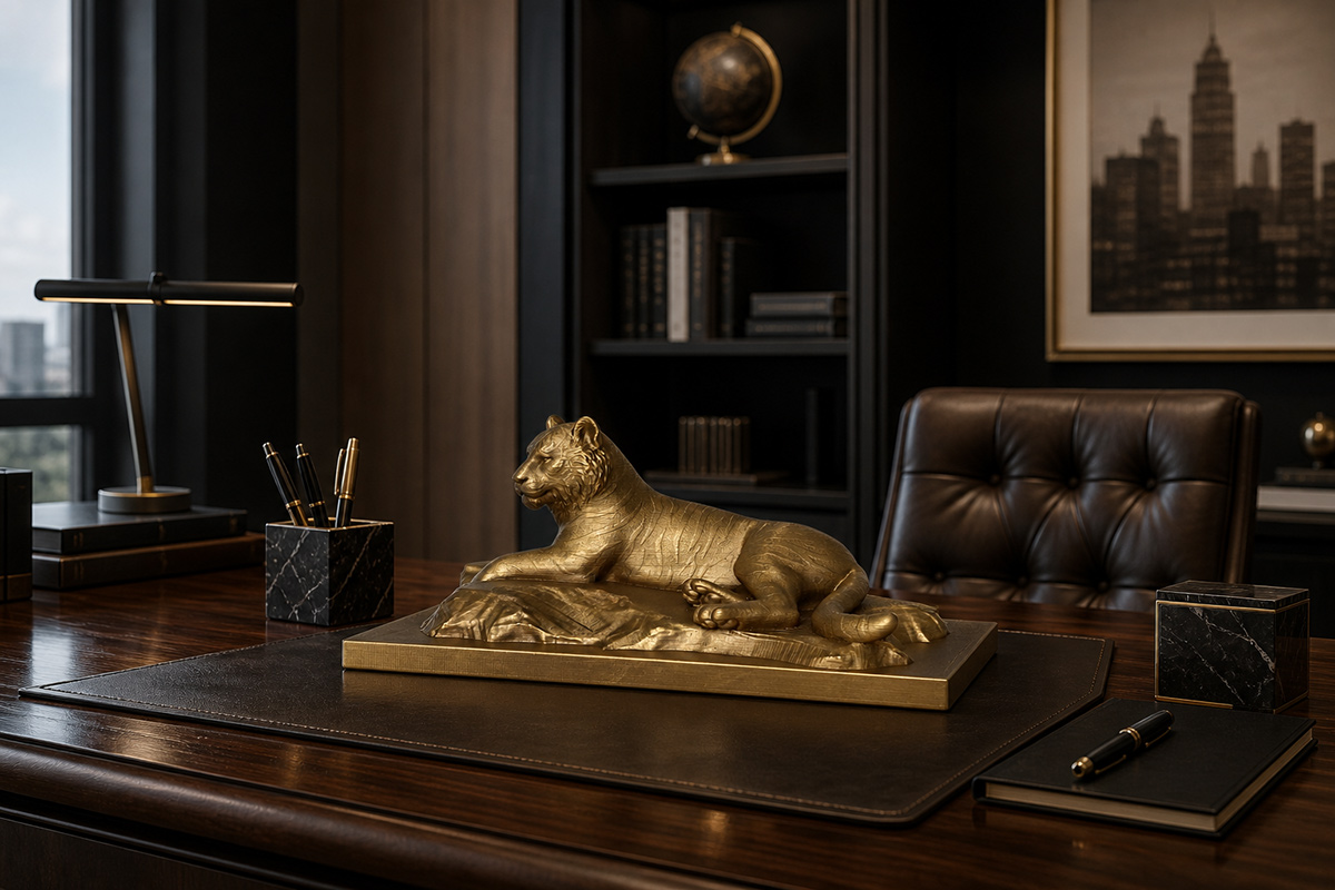 Bronze tiger sculpture displayed on an executive office desk in a dark modern interior with leather furniture and architectural decor